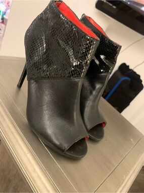 Charles Jourdan Black Peep-Toe Stiletto Booties with Red Lining